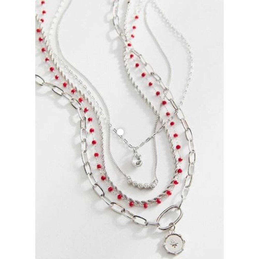 Urban Outfitters Women's Lex Chunky Layering Set Necklace NWT 48 Silver RED